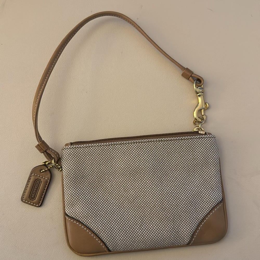 Vintage Coach Small Wristlet | Tweed Fabric & Leather Zip Pouch Tan - Picture 6 of 8